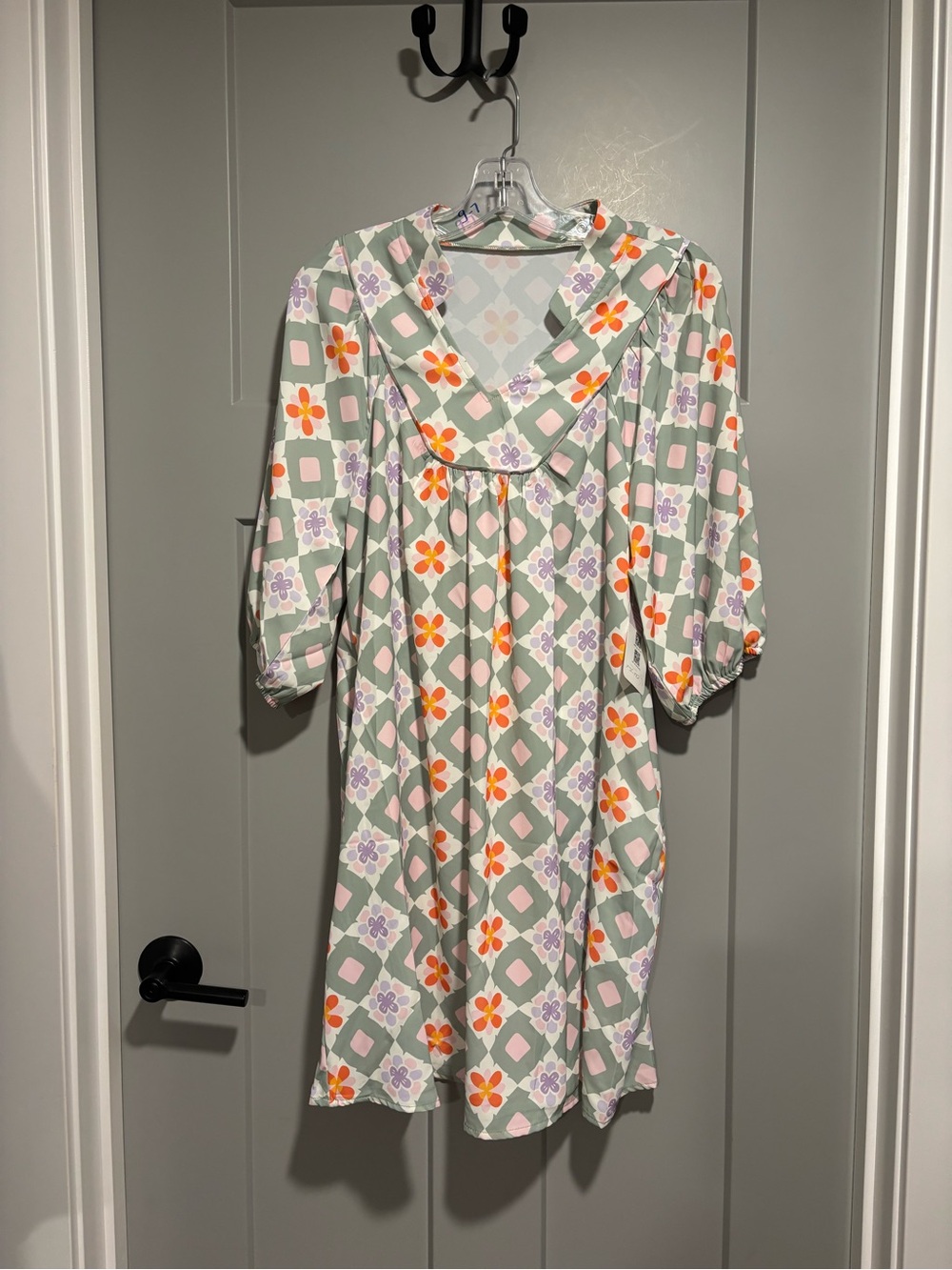 Floral Geometric Puff-Sleeve Women’s Dress in Sage & Orange